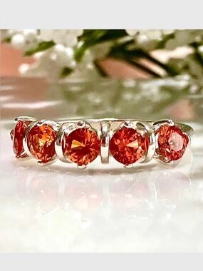 Lab Created Orange Sapphire (4mm/1.25 Ct) Five Stone 925 Sterling Silver Ring